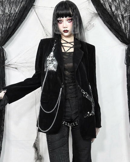 Dark Velvet Woolen Shoulder Pad Blazer