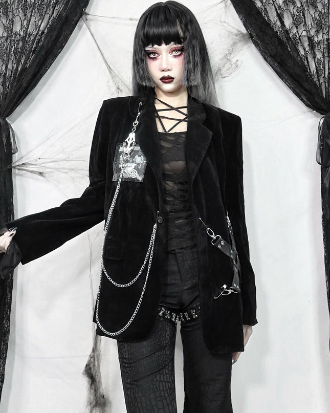 Dark Velvet Woolen Shoulder Pad Blazer