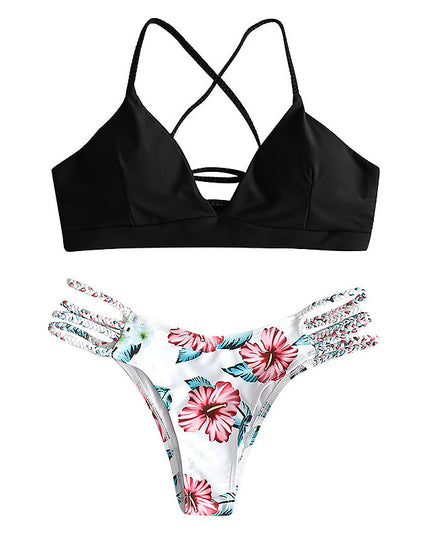 Solid Color Top Floral Bottom Bikini