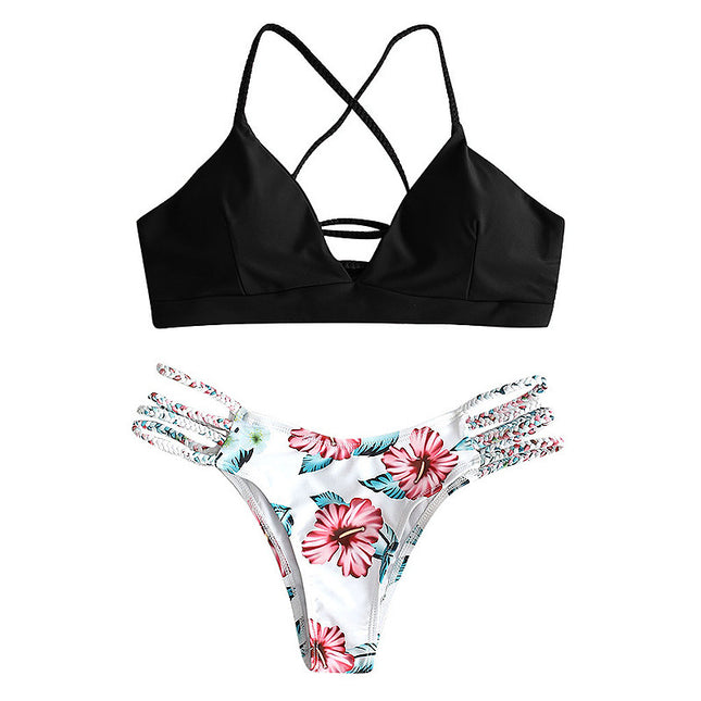 Solid Color Top Floral Bottom Bikini