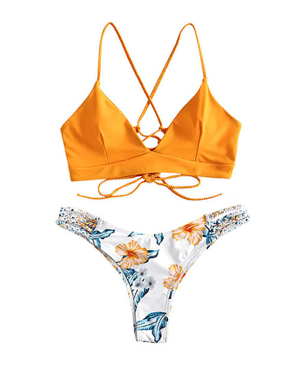 Solid Color Top Floral Bottom Bikini