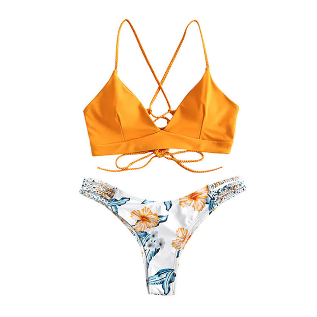 Solid Color Top Floral Bottom Bikini