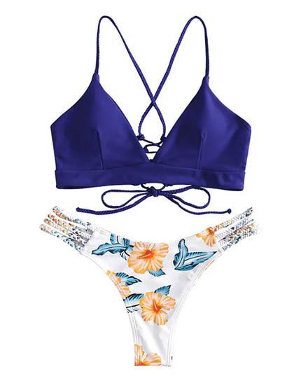 Solid Color Top Floral Bottom Bikini