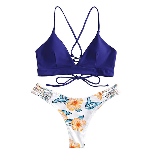 Solid Color Top Floral Bottom Bikini