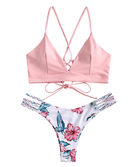 Solid Color Top Floral Bottom Bikini