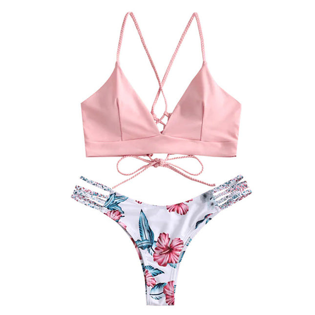 Solid Color Top Floral Bottom Bikini