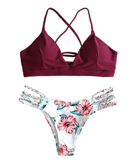 Solid Color Top Floral Bottom Bikini