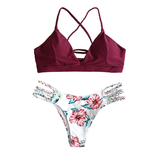 Solid Color Top Floral Bottom Bikini