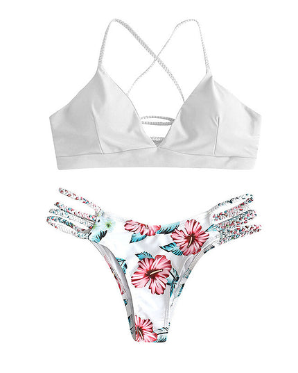 Solid Color Top Floral Bottom Bikini