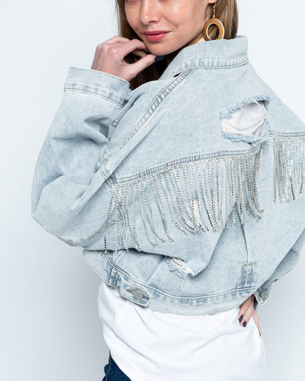 Ripped Rhinestone Denim Jacket
