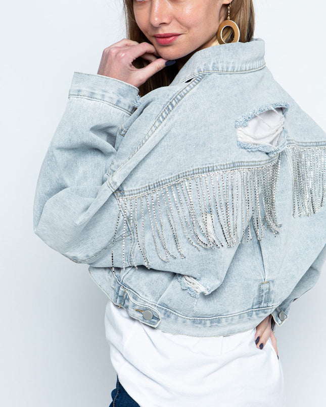 Ripped Rhinestone Denim Jacket