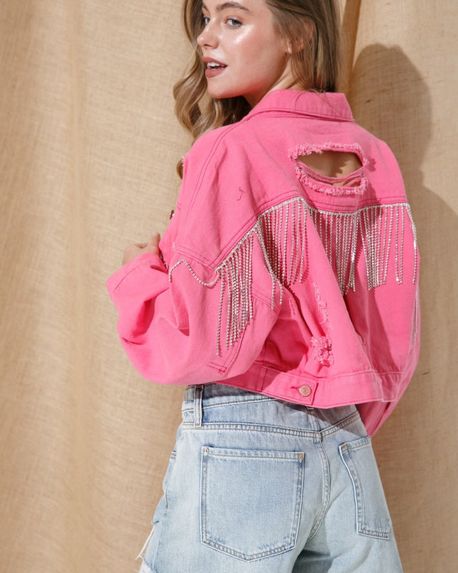Ripped Rhinestone Denim Jacket