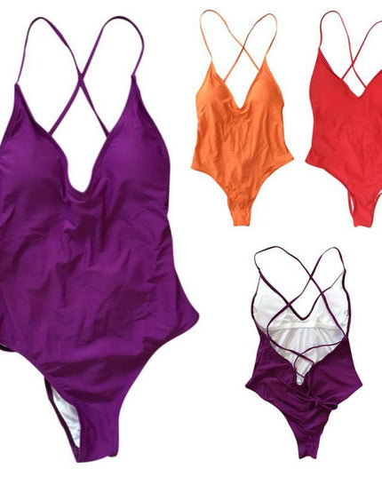 Solid Color Open Back One Piece Swimsuit