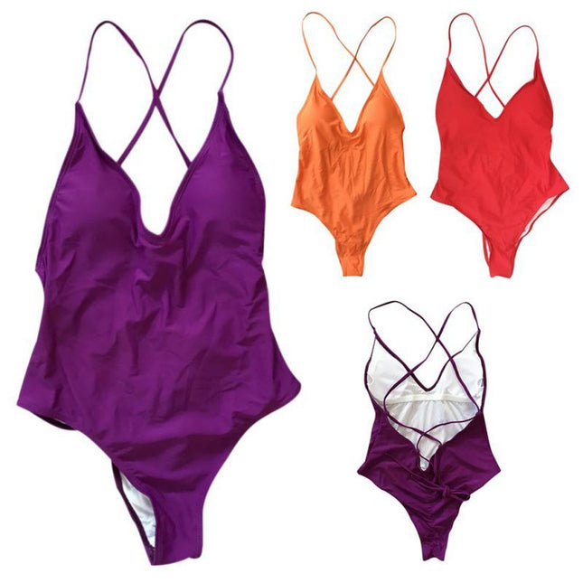 Solid Color Open Back One Piece Swimsuit