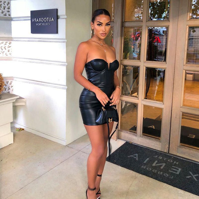 V Strap PU Dress