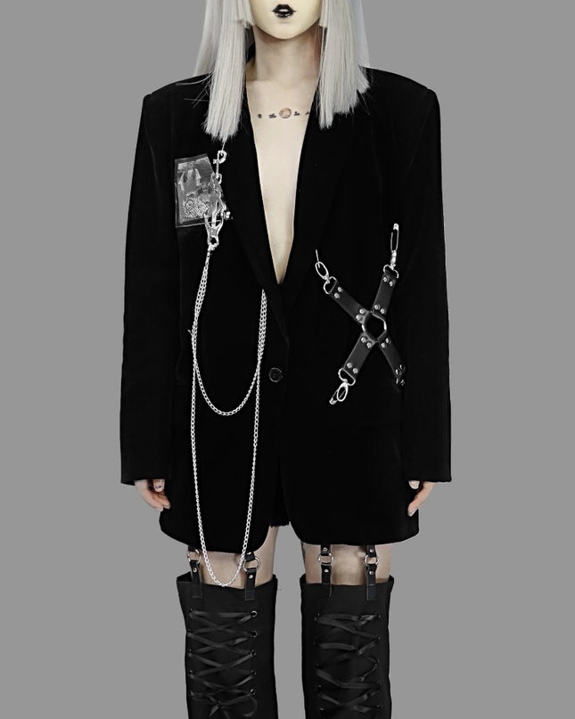 Dark Velvet Woolen Shoulder Pad Blazer