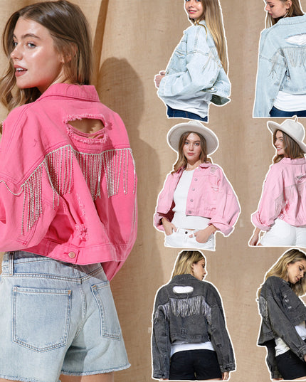 Ripped Rhinestone Denim Jacket