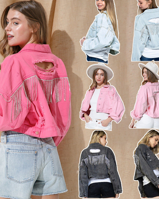 Ripped Rhinestone Denim Jacket